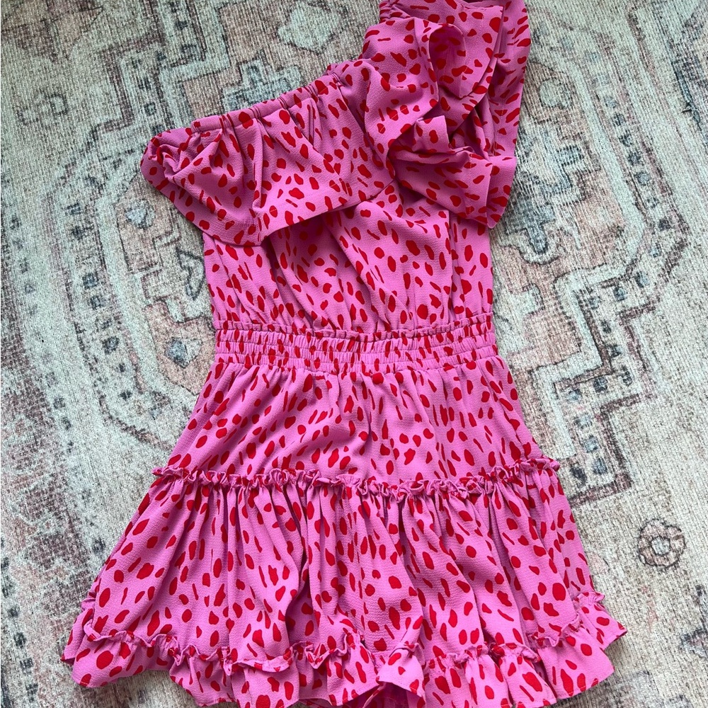 Pink and Red One-Shoulder Ruffle Dress